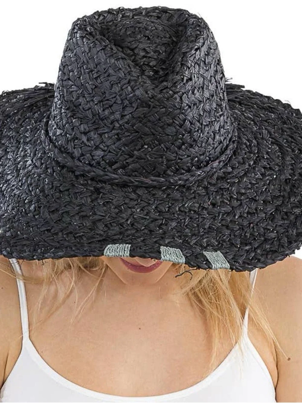NWT Black Hat Sun raffia 100% paper hand Stitching‎ details OS rancher floppy
